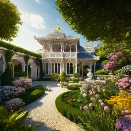 Prompt: beautiful photograph of most beautiful fictional, Garden, goodnes, heavenly, royal, White and golden, extremely, detailed environment, detailed blur background, intricate, detailed skin, natural colors , High-resolution, professionally color graded, photorealism, 8k, moody lighting.