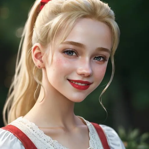 Prompt: beautiful photograph of most beautiful fictional,little girl, 16 years old, blonde, ponytail, red lipstick, chriscross, smile, detailed environment, detailed blur background, intricate, detailed skin, natural colors , professionally color graded, photorealism, 8k, moody lighting.