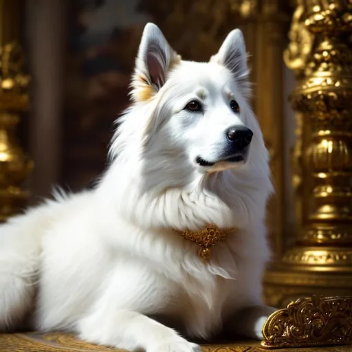 Prompt: beautiful photograph of most beautiful fictional, Dog, goodnes, heavenly, royal, White and golden, extremely, detailed environment, detailed blur background, intricate, detailed skin, natural colors , High-resolution, professionally color graded, photorealism, 8k, moody lighting.