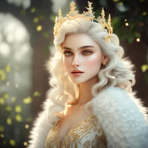 Prompt: beautiful photograph of most beautiful fictional, Wolfman, crown, goodnes, angelic, White and golden, extremely, detailed environment, detailed blur background, intricate, detailed skin, natural colors , professionally color graded, photorealism, 8k, moody lighting.