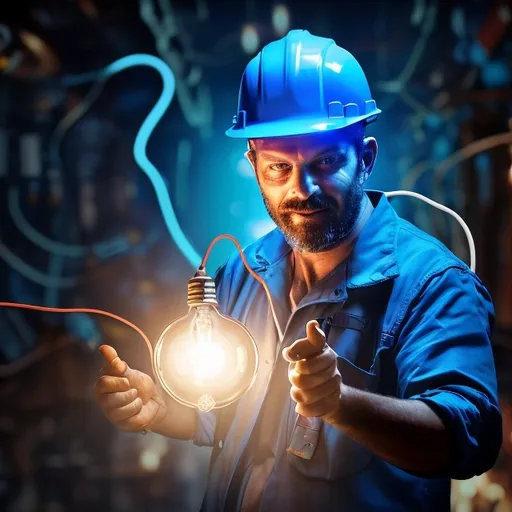 Prompt: (electrician with blue helmet holding numerous light bulbs), arms overflowing with (brilliant, glowing lights), illuminating the scene, (no visible wires), dynamic action pose, (warm glowing tones) against a contrasty background, creating a (vibrant energy), showcasing innovative lighting solutions, embracing creativity, (4K), ultra-detailed, expressive ambiance of excitement and inspiration.