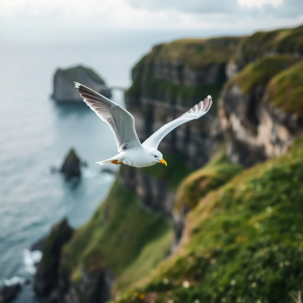 Prompt: A seagull flying over a cliff
