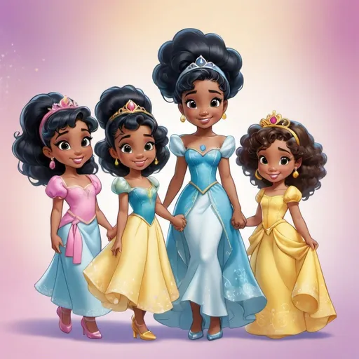 Prompt: 5 Very young Black Disney princesses, standing side by side, holding hands, vibrant and colorful, high quality, animated, youthful, royal attire, diverse hairstyles, lively atmosphere, empowering, bright and joyful, pastel colors, cheerful lighting, clear complete faces, no clevage, custom lays chip bag
