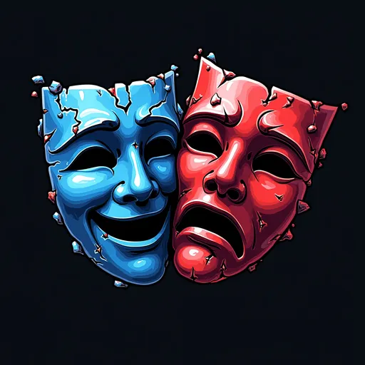 Prompt: I need a logo with two slightly overlapping and tilted Theatre masks. One should be happy and one should be sad, they do not look traditional, they seem to be made of shards of glass, but with the consistency of paint. One of them has a bizarre shade of blue and the other has a Bizarre shade of red. The glass should come off like all tiny little bits and pieces of glass some places where it’s even sharp, but the consistency should look like the coloring was made with paint that someone threw out a wall, splotchy paint with a blend in the variation of color…