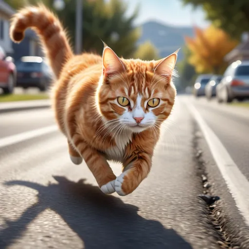 Prompt: photorealistic image of (a cat) running on the road, vibrant colors, dynamic motion, vivid details capturing the fur texture, bright daylight exposure, a blurred background emphasizing speed, cozy suburban scenery, high-definition, conveys a sense of freedom and playfulness, crisp edges and clarity accentuating the cat's movement.