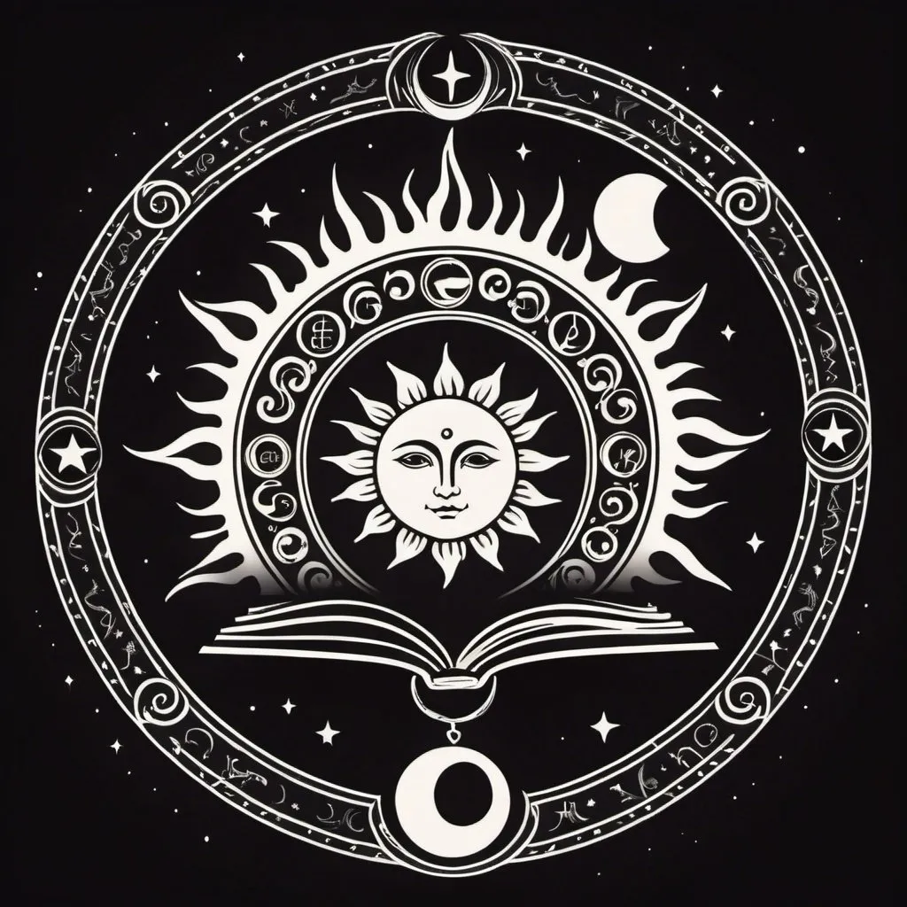 Prompt: Mystic symbols, opened book in the middle of a little circle, sun and moon