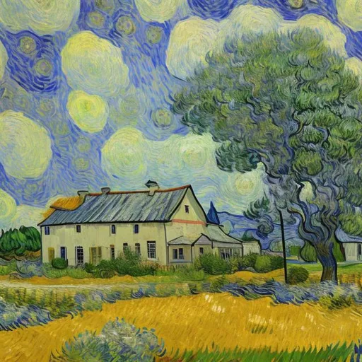 Prompt: farmhouse and barn with trees and gardens, in van gogh style

