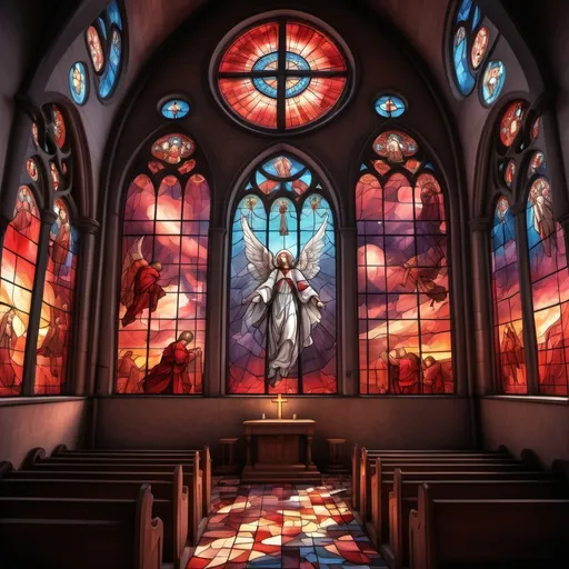 Prompt: The church is from the inside with stained glass windows depicting angels. 2d fantasy art.The church is damaged their stained glass windows show the red sky