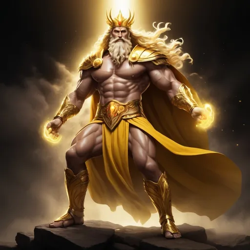 Prompt: A powerful Zeus the Greek god of thunder, portrayed with a muscular build, flowing yellow hair, and a long beard. He wears a golden crown and armor, including gauntlets, sandals, and a belt adorned with gold gemstones. Draped in a yellow and gold toga, he hold lighting bold yellow vector with pose attack, exuding an aura of power and authority, His glowing yellow eyes and dynamic stance reflect his commanding presence as the ruler of the gods, full body until leg and black background