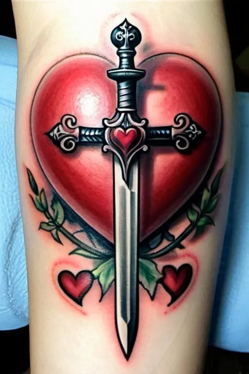 Prompt: unique tattoo including: Sword, Cross, Heart