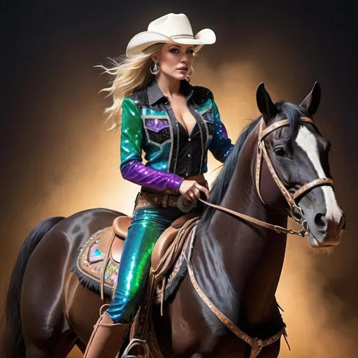 Prompt: White female popstar in cowboy black glitter outfit, riding a horse, vibrant color palette, with blues, greens and purples, high quality, hyperrealistic, cowboy style, glamorous, detailed costume, dynamic posing, western theme, professional lighting, energetic atmosphere