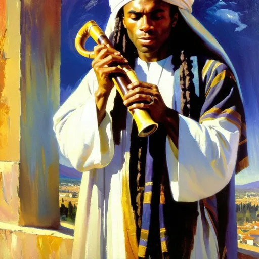 Prompt: Milli Vanilli Rob Pilatus wearing jewish religious cloak while blowing a shofar and holding a bible in a jewish temple background