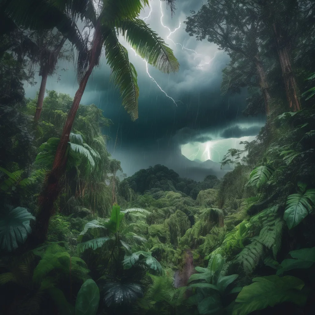 Prompt: Storm in a magical rainforest 