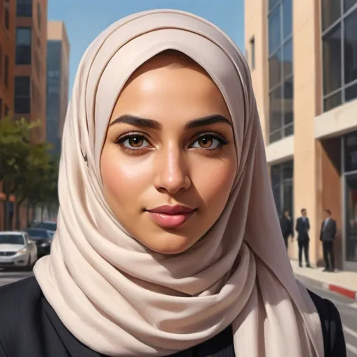 Prompt: High-quality digital painting of a confident girl in a hijab, professional office attire, modern urban setting, detailed facial features, realistic fabric textures, natural lighting, warm tones, contemporary art style, stylish hijab, business attire, detailed eyes, digital painting, professional, modern, warm tones, detailed clothing, confident expression, urban setting