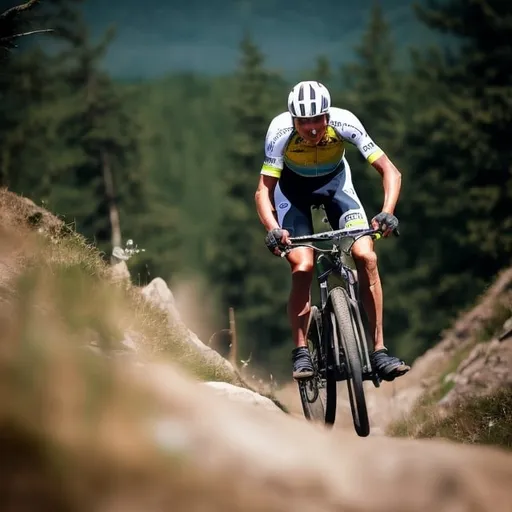 Prompt: Cyclist mountain biker during a race that is heavily hyperventilating. 