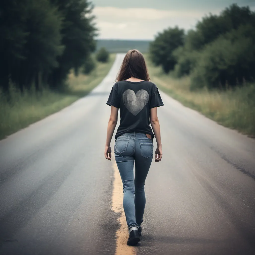 Prompt: sad, lonely woman in jeans and rock tshirt on lonely road walking away

