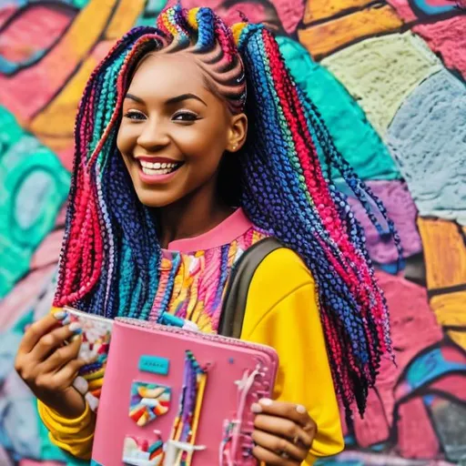 Prompt: a colourful woman with braids that holds a colourful diary and smiles 