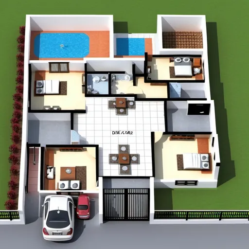 Prompt: 35×77 2d house plan with 3 bedroomswith attached bathrooms,  1 bathrooms external , 1 kitchen,  1 drawing room and car porch