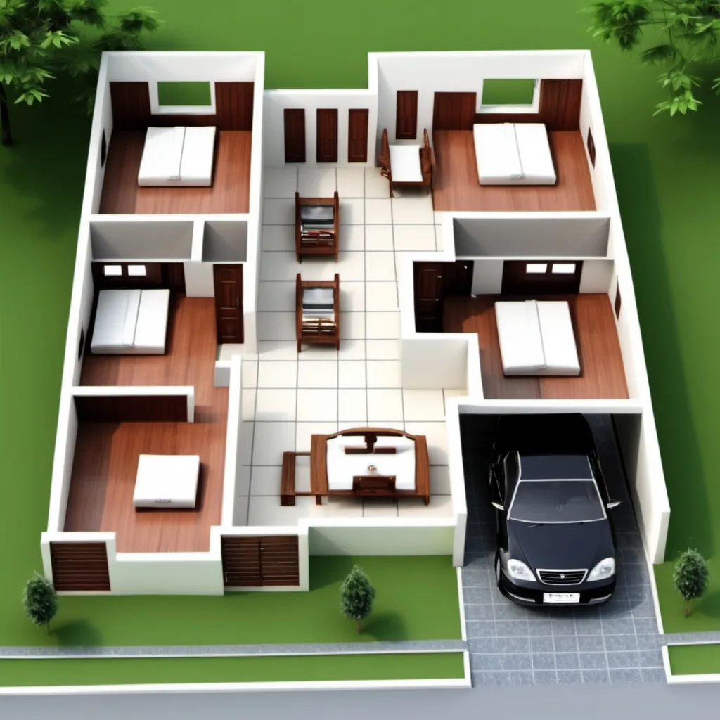 Prompt: 35×77 2d house plan with 3 bedroomswith attached bathrooms,  1 bathrooms external , 1 kitchen,  1 drawing room and car porch