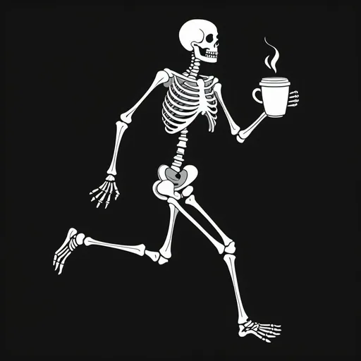 Prompt: a skeleton running with coffee, simple lines, black and white, y2k vibe, aesthetic, graphic design