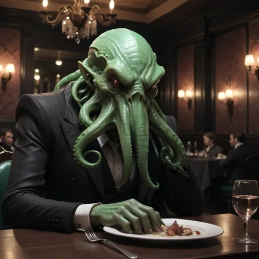 Prompt: Cthulhu sitting at a fancy restaurant on a date. He is alone. He looks nervous. Romantic Ambience, moody lighting, 4K