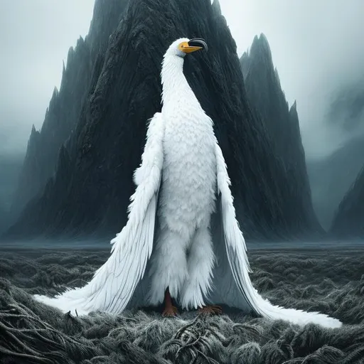 Prompt: Giant white bird, full body, open mouth, all white feathers, dark fantasy art style, horror art style, tall long feathers, painting, landscape painting, mountains, dystopian, creepy, teeth, arctic landscape, tall man, ghillie suit, dog, Afghan hound, desolate, ominous, fashion, fashion show, horror, monster