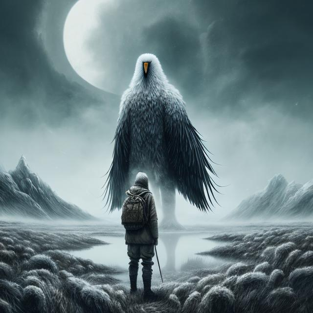 Prompt: Giant white bird, full body, open mouth, all white feathers, dark fantasy art style, horror art style, tall long feathers, painting, landscape painting, mountains, dystopian, creepy, teeth, arctic landscape, tall man, ghillie suit, dog, Afghan hound, desolate, ominous, fashion 