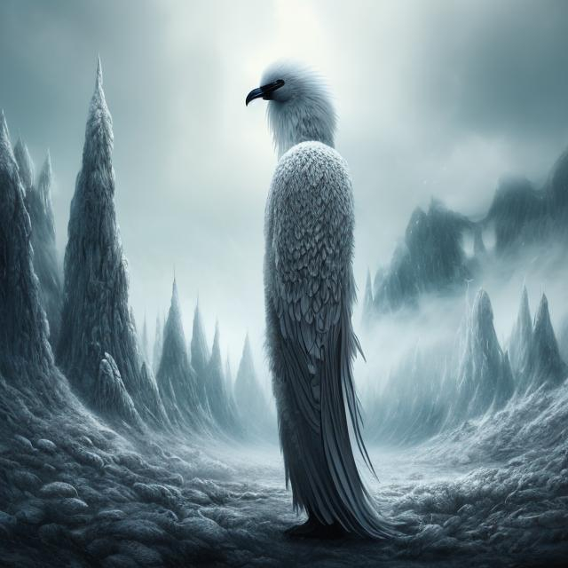 Prompt: Giant white bird, full body, all white feathers, feathers, dark fantasy art style, horror art style, tall long feathers, painting, landscape painting, mountains, dystopian, creepy, teeth, arctic landscape, tall man, ghillie suit, dog, Afghan hound