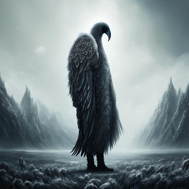 Prompt: Giant white bird, full body, all white feathers, feathers, dark fantasy art style, horror art style, tall long feathers, raptor birds, painting, dystopian, creepy, teeth, arctic landscape, tall man, ghillie suit, dog, Afghan hound