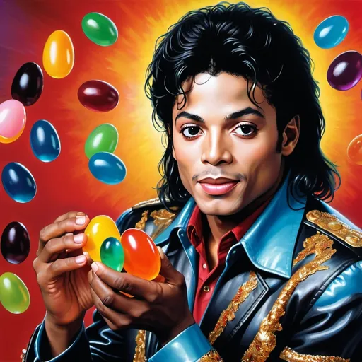 Prompt: Michael jackson during the late stages of his life staring into the camera passionately while holding a gigantic jelly bean like a toddler