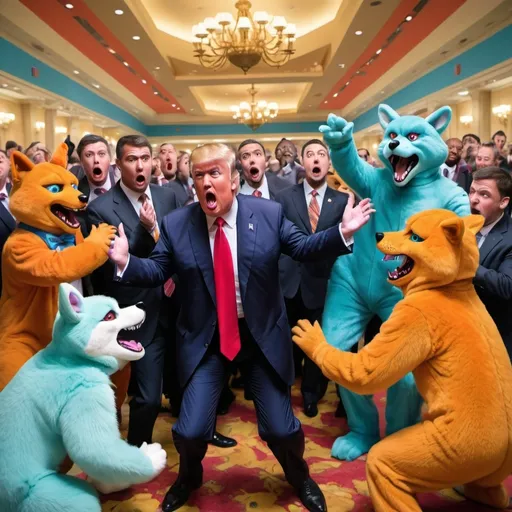 Prompt: Donald trump at a furry convention having a panic attack whilst 4 men in fursuits attempt to attack him