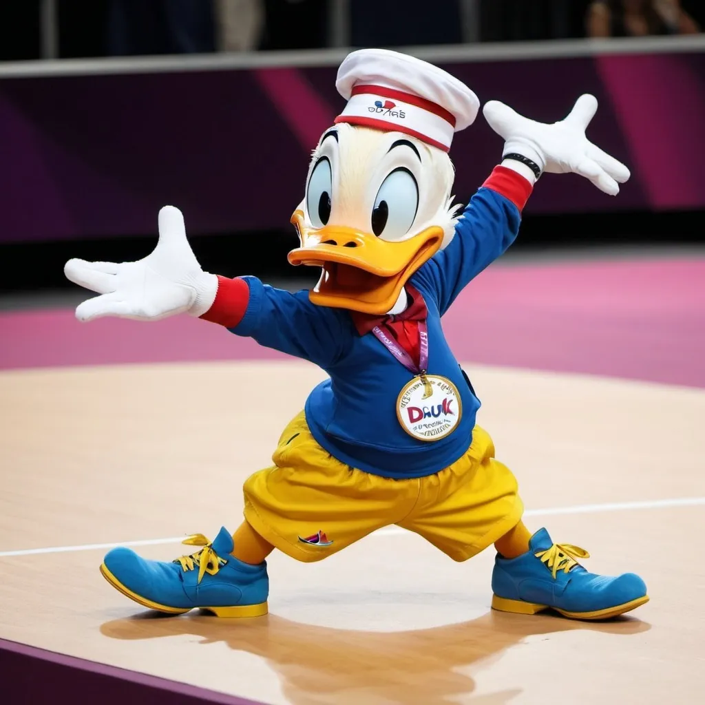 Prompt: Donald duck breakdancing at the paris olympics