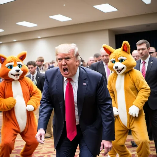 Prompt: Donald trump at a furry convention having a panic attack whilst 4 men in fursuits attempt to attack him