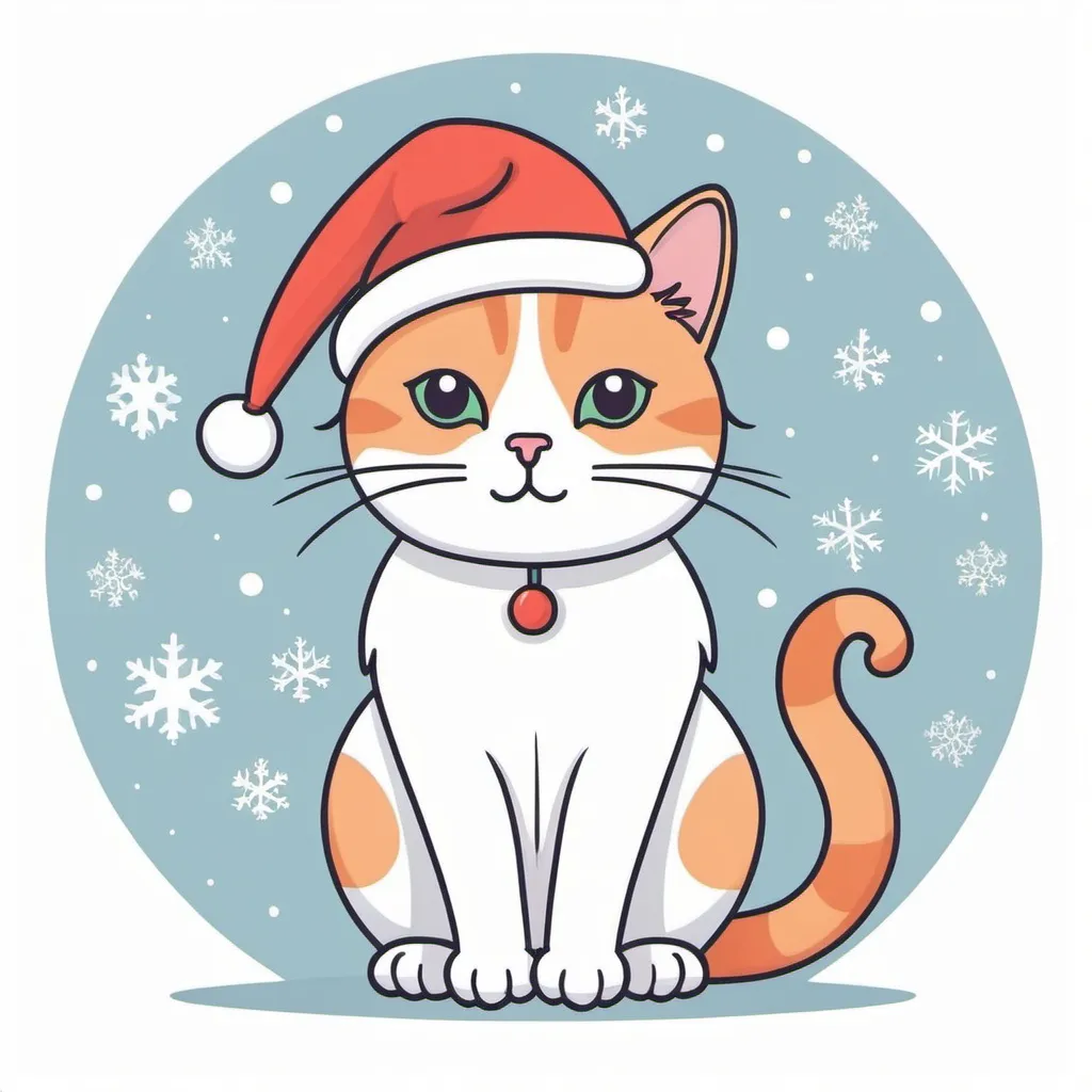 Prompt: christmas cat, whimsical, thin line art, flat color illustration, high quality