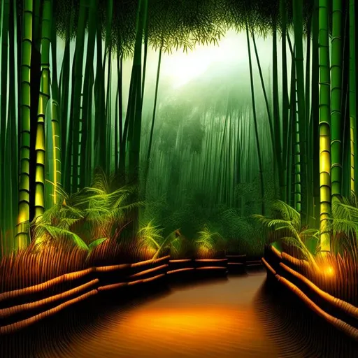 Prompt: java terace evening with bamboo forest digital art
