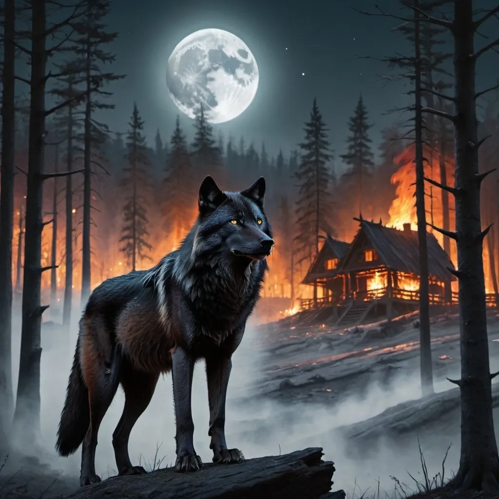 Prompt: Black wolf standing in the forest watching a burning village in the distant at full moon