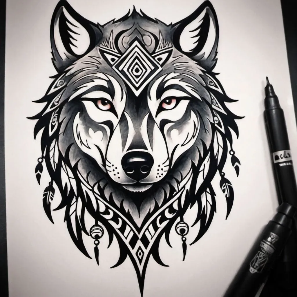 Prompt: wolf tribal tatto 

