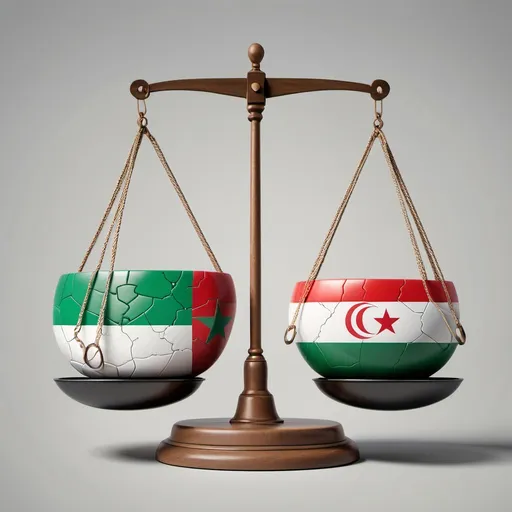 Prompt: Photorealistic image of a balanced scale, the heavier side featuring the Libyan flag , contrasting with lighter side displaying the Tunisian and Algerian flags  along with a mini  photo of the African continent border .