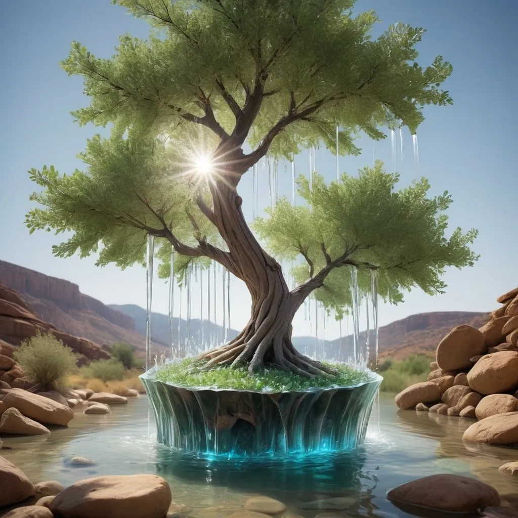 Prompt: They will be like a tree planted by the water. It has no worries in a year of drought and never fails to bear fruit"
The crystal water flows from an illuminated thrown in the upper R corner