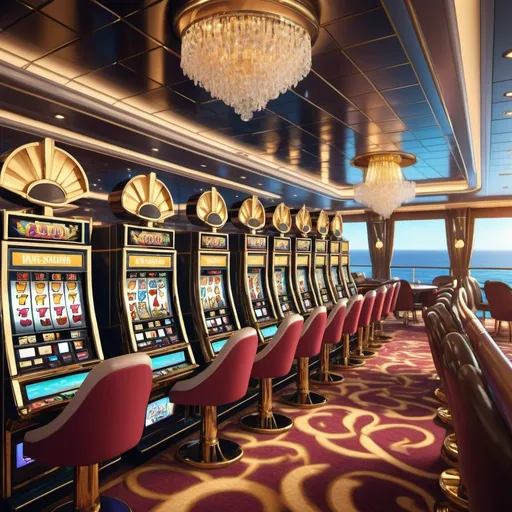 Prompt: Slot machines on a luxurious cruise ship, vibrant and lively atmosphere, high quality, detailed 3D rendering, elegant and opulent design, glamorous casino interior, sparkling and gleaming machines, luxurious gold and silver accents, casino patrons enjoying the games, soft ambient lighting, modern and sleek, vibrant colors, rich and luxurious, bustling and energetic