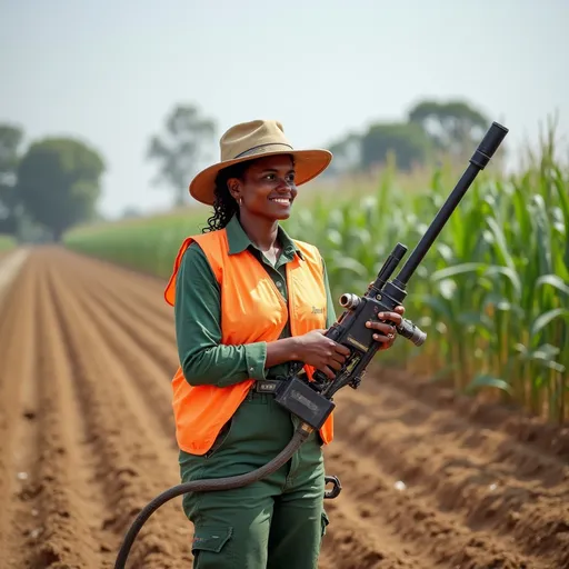 Prompt: use her as a woman in agriculture specifically an irrigation consultant in the field doing an irrigation project  with a dry land cut fertile land behind, holding irrigation equipment like a raingun., she is wearing safety wear. there is a source of water like a borehole on the far end of the farm, crops like maize are growing but are a few weeks old.