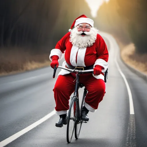 Prompt: Humorous Santa riding on a road bike