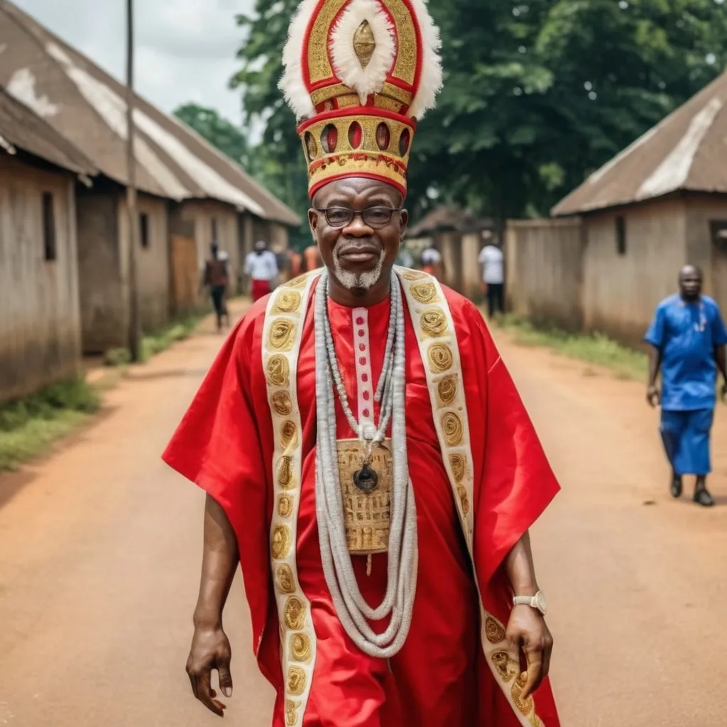 Prompt: An Igbo chief priest going to the palace to consult with the gods