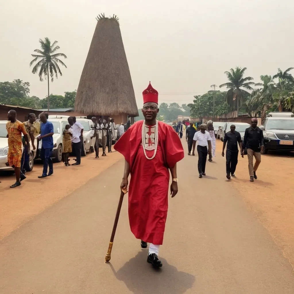 Prompt: An Igbo chief priest going to the palace to consult with the gods