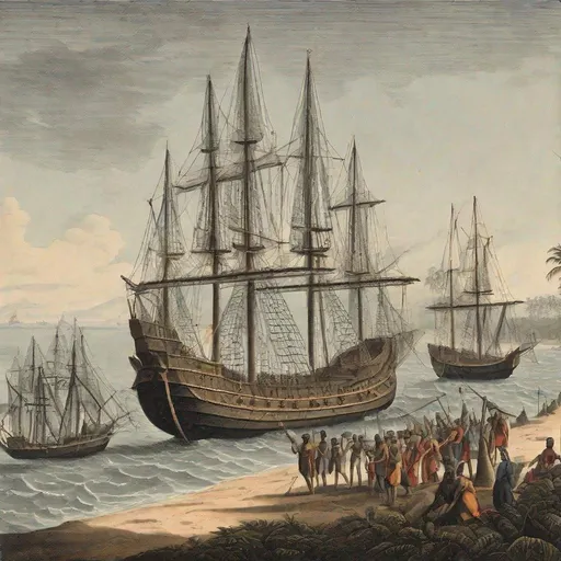 Prompt: Portuguese sailing ships on the coast of Calicut in 16th century. Arrival of Vasco Da Gama in India