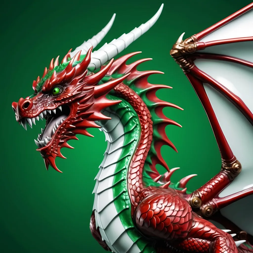 Prompt: Metallic, metal red dragon, ultra detailed, photorealistic, green and white background 