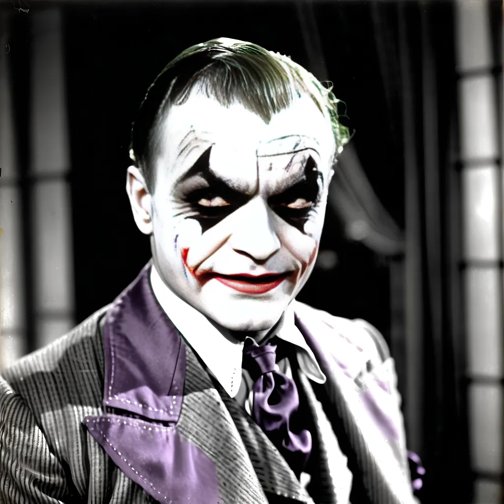 Prompt: James Cagney as Batman’s enemy The Joker in a 1930s film version, film still, photographs, vintage, high resolution, highly detailed, 