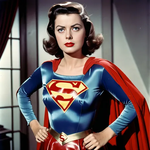 Prompt: Faith Domergue as Supergirl in a 1950s film version, film still, photographs, vintage, high resolution, highly detailed, 