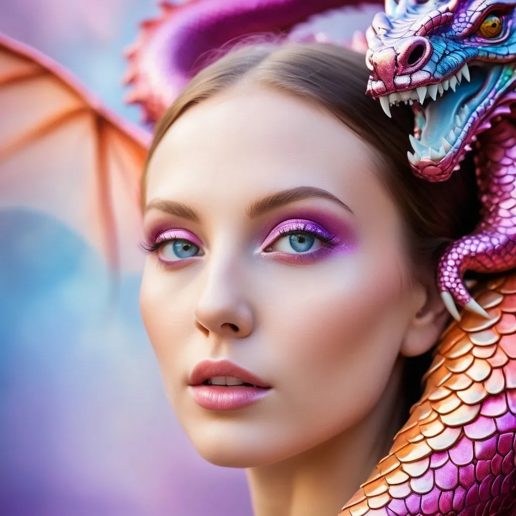 Prompt: HDR photography contemporary masterpiece, visually striking evocative metamodernist photography depicting a visceral scene of a beautiful woman with bright eyes and rosy cheeks and a dragon, tenderness, new sincerity, emotional realism meets surrealism meets impressionism meets dynamism meets minimalism, authentic, realistic colors, color layering, lilac blue fuchsia orange gold bright vivid gradient colors, atmospheric perspective, iridescent, translucent, glitter, organic shapes, elegant design, uplifting mood, subtle details, ethereal lighting, unique composition, artistically blurred edges, fine art photography, 