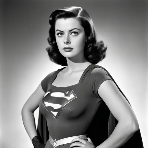 Prompt: Faith Domergue as Supergirl in a 1950s film version, film still, photographs, vintage, high resolution, highly detailed, 